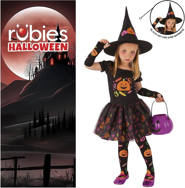 Disfarce de Bruxa Doce para rapariga, vestido de bruxa com mangas, meias e chapéu com desenhos de curgetes estampados, Original, Ideal para Halloween, Carnaval e Aniversários — foto 4 de 7