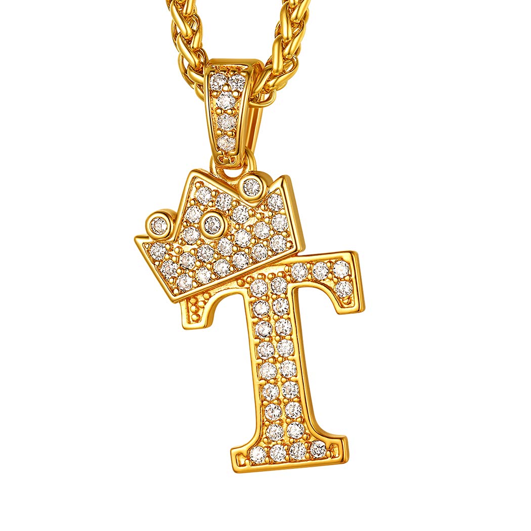 Suplight Men Letter Pendant with Chain, Rapper Chain 22 inch, King Crown Pendant Hip Hop Style Unisex Initial T Tennis Necklace Bling Alphabet Name Jewelry — image 1
