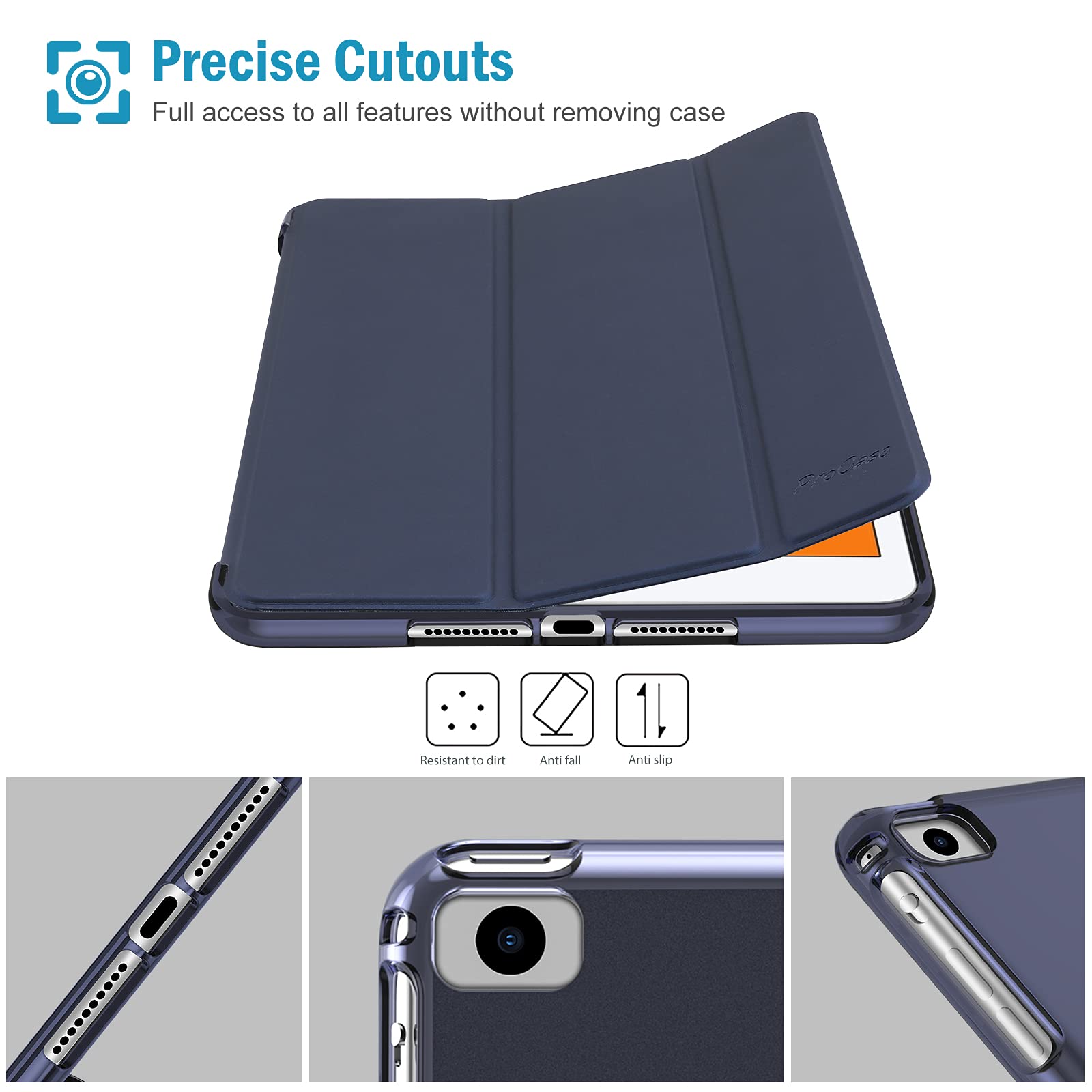 ProCase Slim Cover for iPad mini 5 Generation 2019/ Mini 4 3 2 1 (Old Model) 7.9 inch, Slim Soft TPU Back Cover Trifold Stand Folio Smart Case for iPad mini 5 4 3 2 1 -Navy
