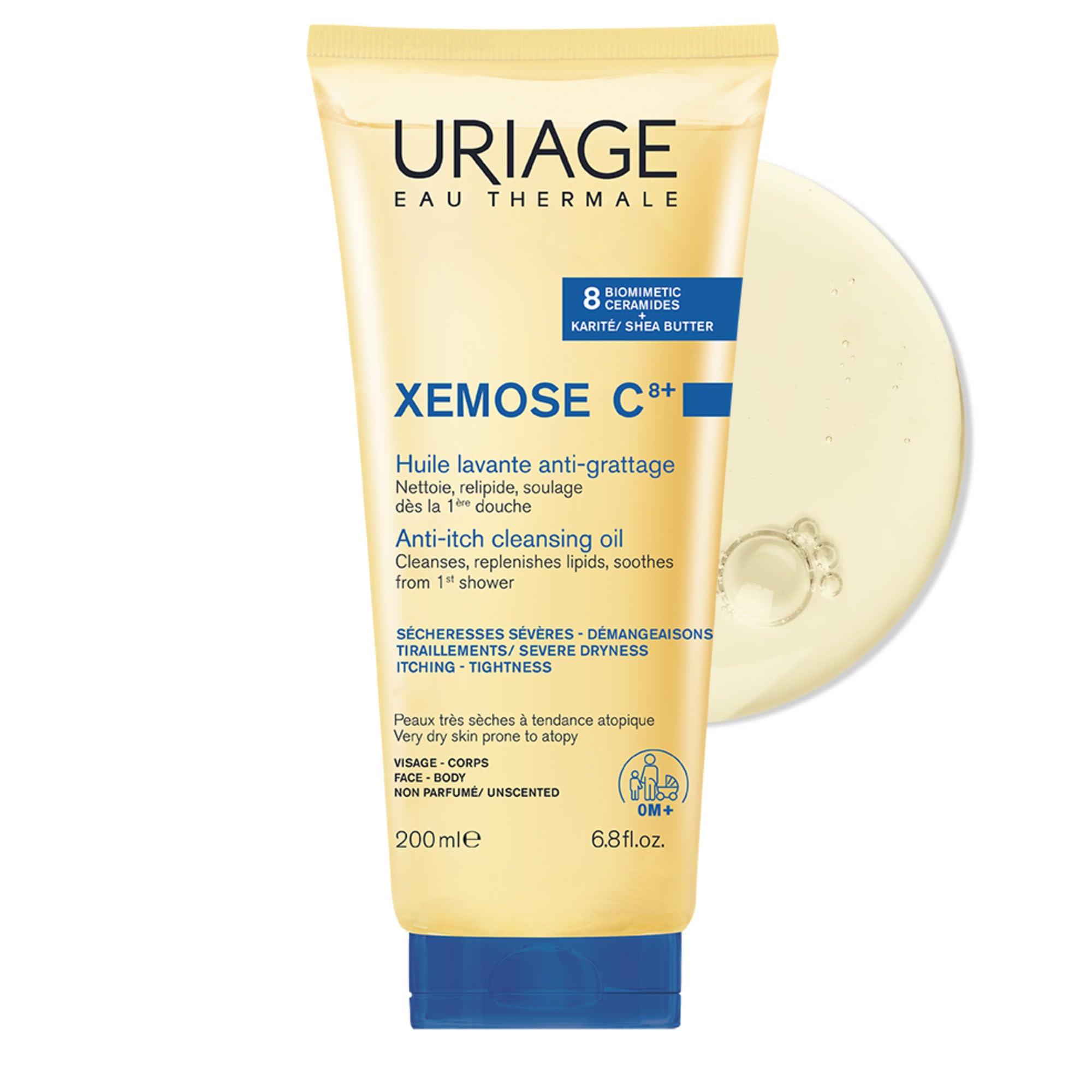 Uriage Xemose C8+ Anti-itch Shower Oil 200ml – Face & Body Wash - Very Dry Skin Prone to Atopy – Soothes from 1st application - 8 Biomimetic Ceramides & Shea Butter - Fragrance-Free