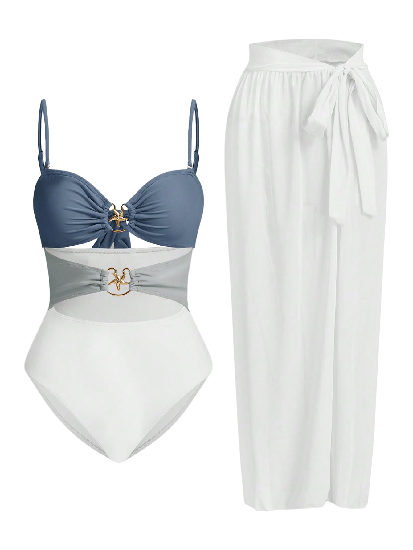 Photo 1 of *****Partial set***
Verdusa Women's Cut Out One Piece Backless Wireless Swimsuit with Cover Up Skirt Blue and Grey Small