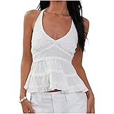 Women Crop Halter Cami Top Solid Color Backless Halter Tops Summer Y2k V Neck Slim Fit Sleeveless Cropped Shirt