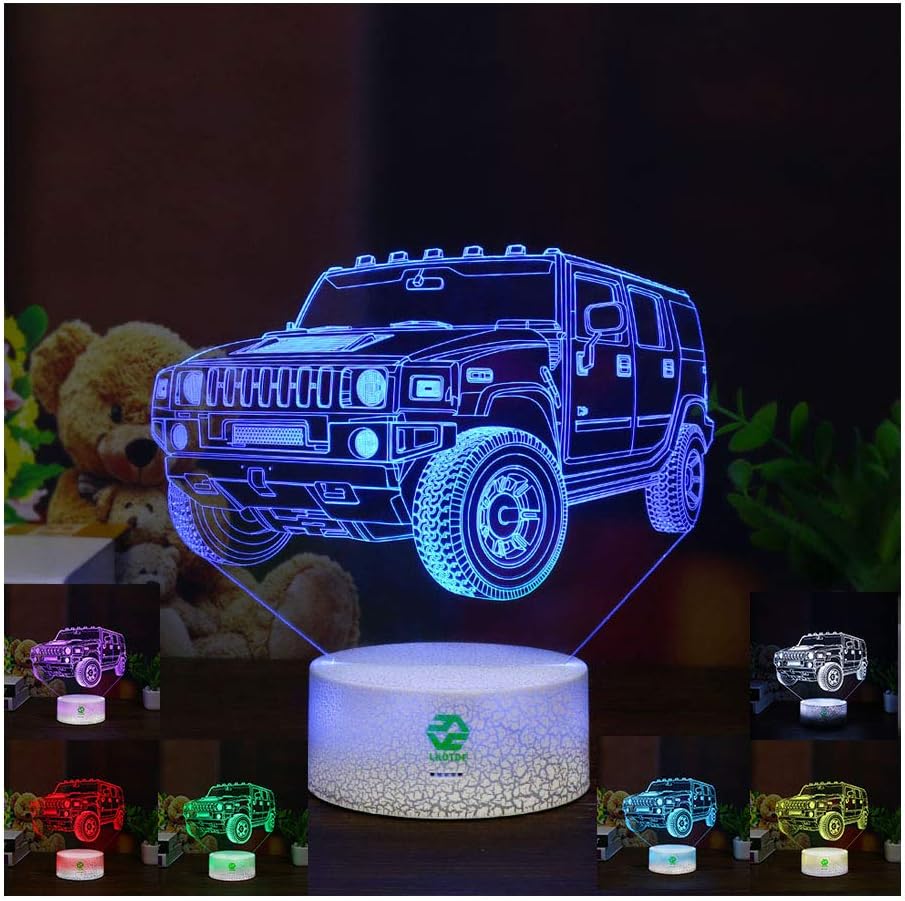 Car Gifts Night Lights for Kids Birthday Gifts SUV 3D Illusion Lamp Optical Desk Table Touch Nursery Party Western Children Bedroom Decor 7 Color Change USB Crackle Toy for Boys Room and Baby