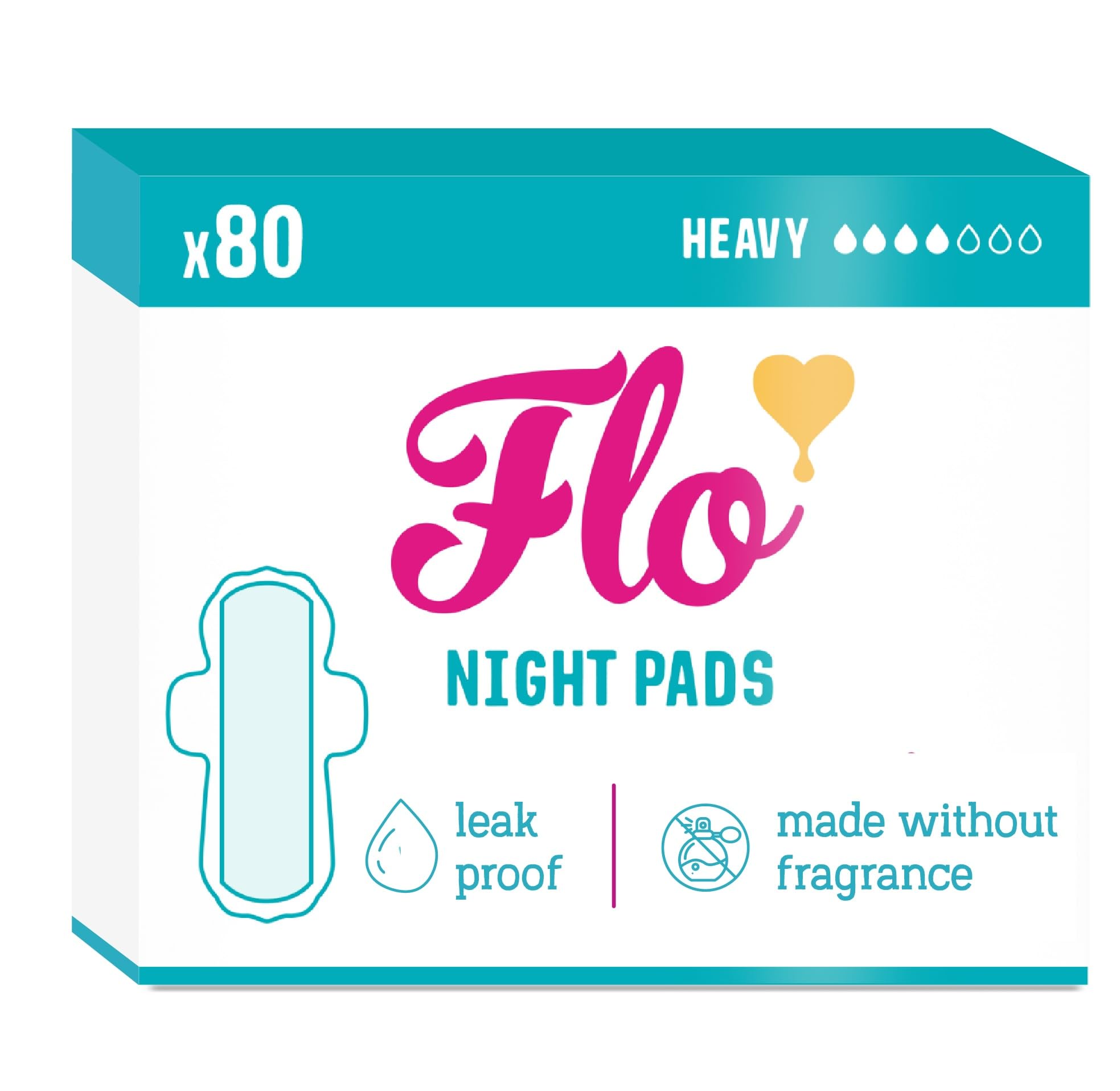 Flo Bamboo Night Period Pads – Super Absorbent, Soft, Thin - Winged Breathable Pads for Heavy Flow – 80 Pads Bulk Pack
