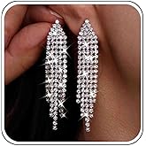 Xduargs Boho Crystal Tassel Chain Earrings Rhinestone Bridal Wedding Earrings Long Crystal Chandelier Earring Shiny Cz Wedding Earring for Women(Gold)