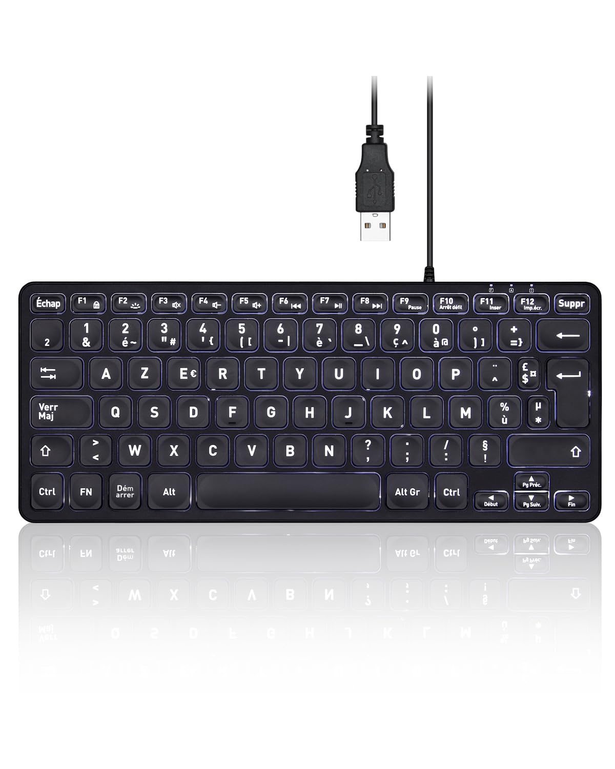 Perixx PERIBOARD-332 Mini USB Wired Backlit Keyboard Slim Design with Bold and Large Printed Keys, White LED Light, French AZERTY