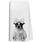 EKGJW Funny Boston Terrier Reading Dish Towels – Dog Lover Gifts for Women, Bookish Mom Hand Towels for Bathroom, 16x24 Inch