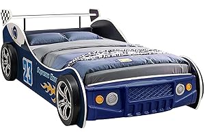 LKTART Car Bed Twin Size for Kids, Race Car Shaped Wooden Platform Bed Frame with Headboard Wheels and Support Slats for Boys Toddlers Child's Bedroom (Blue)