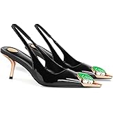 THESHY Womens Slingback High Heels Metal Pointed Toe Stiletto Heels Gems Embellished Stretch Slingback Pumps Patent Leather Fashion Party Dress Shoes for Women