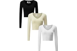 CHONGBAIJIA 3 Piece Women's V Neck Long Sleeve Crop Tops Lightweight Stretch Fitted Cropped Top for Women Workout Gym Exercise Yoga