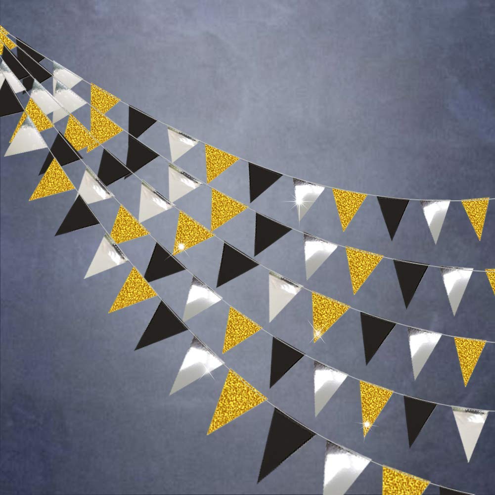 Gold and Black Triangle Vintage Flag Garland Banner kit for Party Decoration/Pennant Hanging Garlands Banner for Graduation/Wedding/30 Milestone Birthday/Anniversary Decorations/Silver/39ft/104flags
