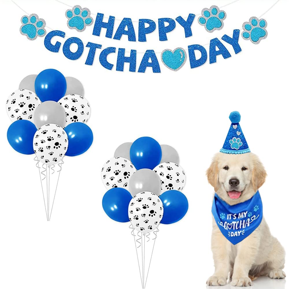 ASOCEA Dog Birthday Party Supplies Happy Gotcha Day Dog Bandana Set Boy Girl Party Banner Dog Birthday Outfit Triangle Scarf for Pet Dogs Cats Adoption Party Decor Accessories-Blue