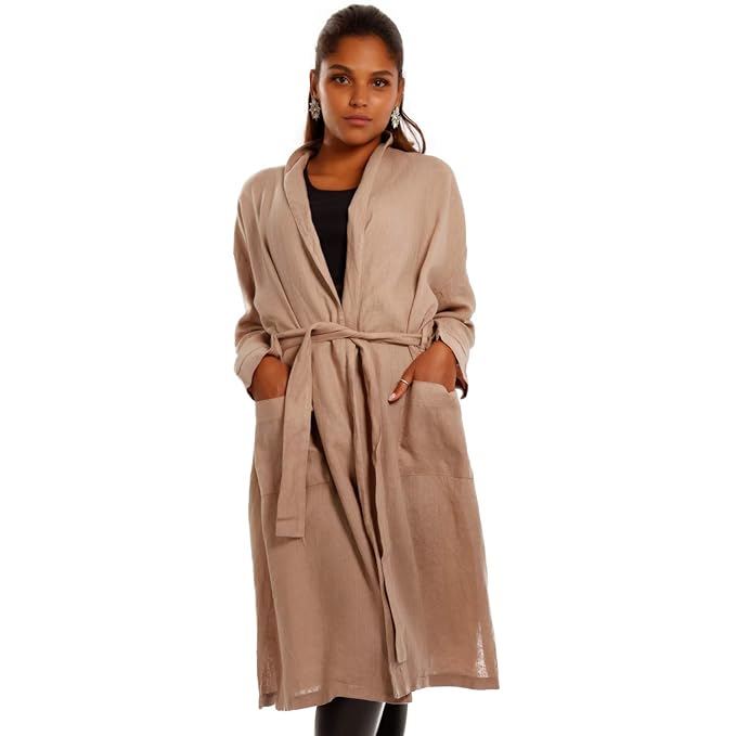 YC Fashion & Style Damen Leinen Casual Mantel Parka Jacke mit Gürtel Strand Sommer Freizeit Jumper Kimono