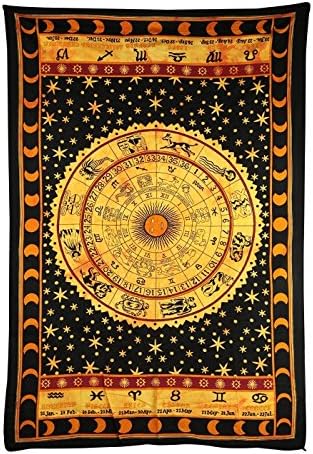 Black Zodiac Horoscope Tapestry, Hipp Bohemian Tapestries, Indian Dorm Decor, Psychedelic Tapestry Wall Hanging Ethnic Decorative Tapestry, By KK Export