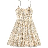 RoseSeek Girl's Summer Dress Floral Ruffle Hem Spaghetti Strap Ruched Bust Cami Short Dress Sundress