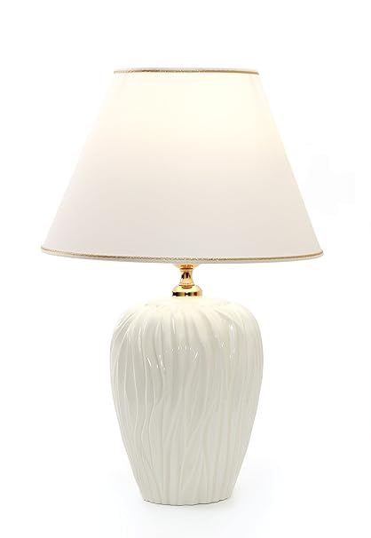 Tischleuchte Onde aus Keramik weiß| Tischlampe E27 | Handgefertigt in Italien | Exklusive Leuchte mit 24 Karat Gold Veredelun