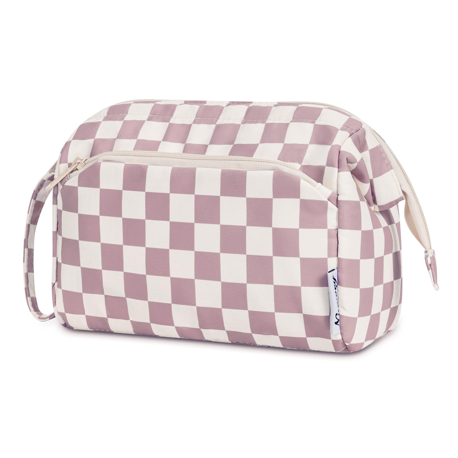 Narwey Large Makeup Bag Wide-Open Zipper Pouch Travel Wash Bag Toiletry Bag Cosmetic Organizer for Women (Pink Checkerboard)