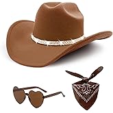 ONECOS 3Pcs Rhinestone Cowboy Hat for Women with Bandana, Heart Sunglasses set, Wide Brim Cowgirl Hat for Western Disco Party