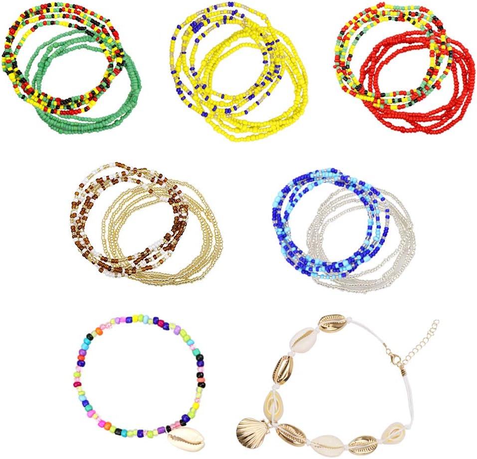 Hysagtek Waist Beads 10 Pieces Belly Beads African Waist Bead Body Chains Beaded Summer Bikini Jewelry and 2 Pieces Ankle Bracelets for Woman Girl