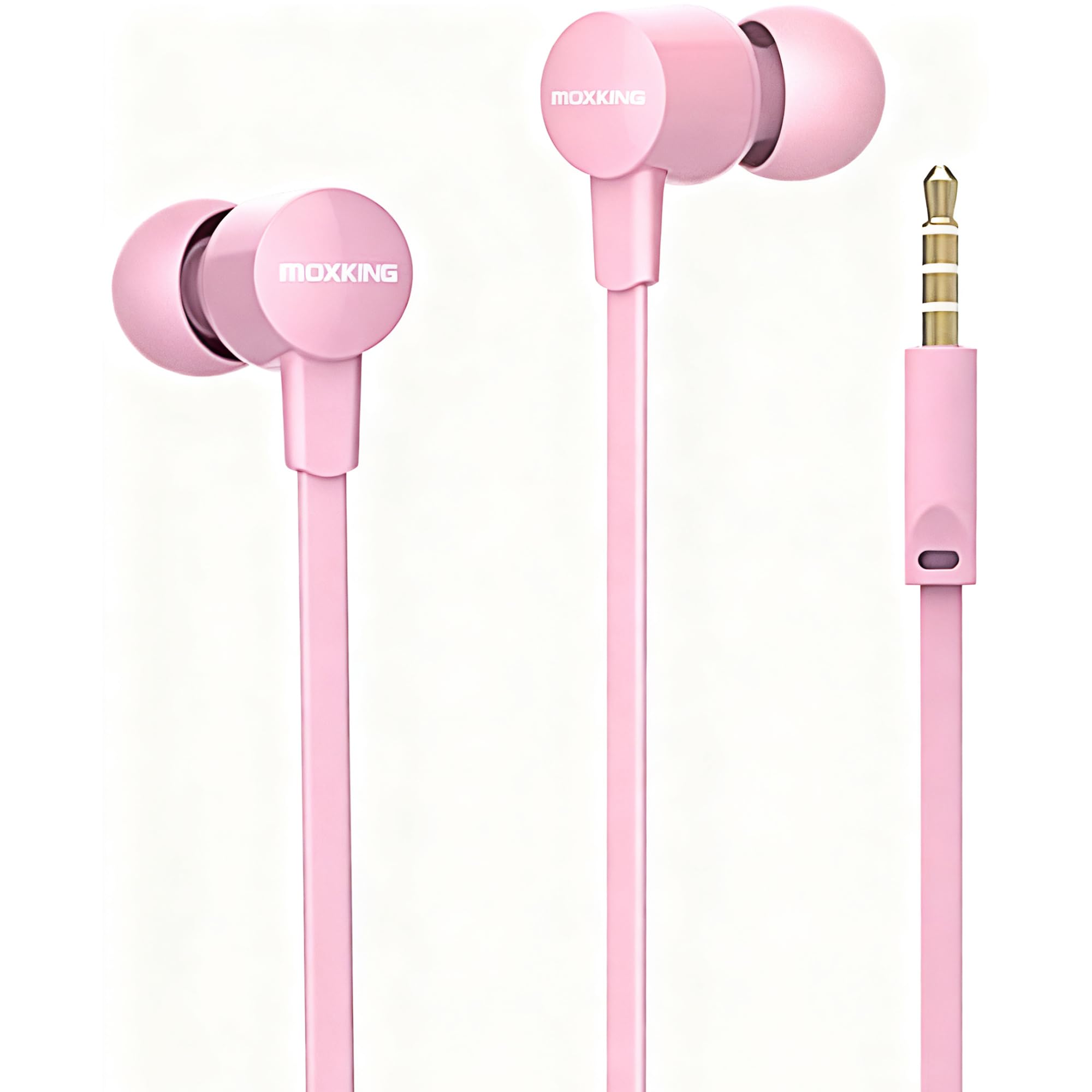 MOXKING Wired Tangle Free Earphones With for kids women small ears, Comfortable and Lightweight Flat Cable Ear bud with Microphone and Volume Control for Cell Phone Laptop (Pink)