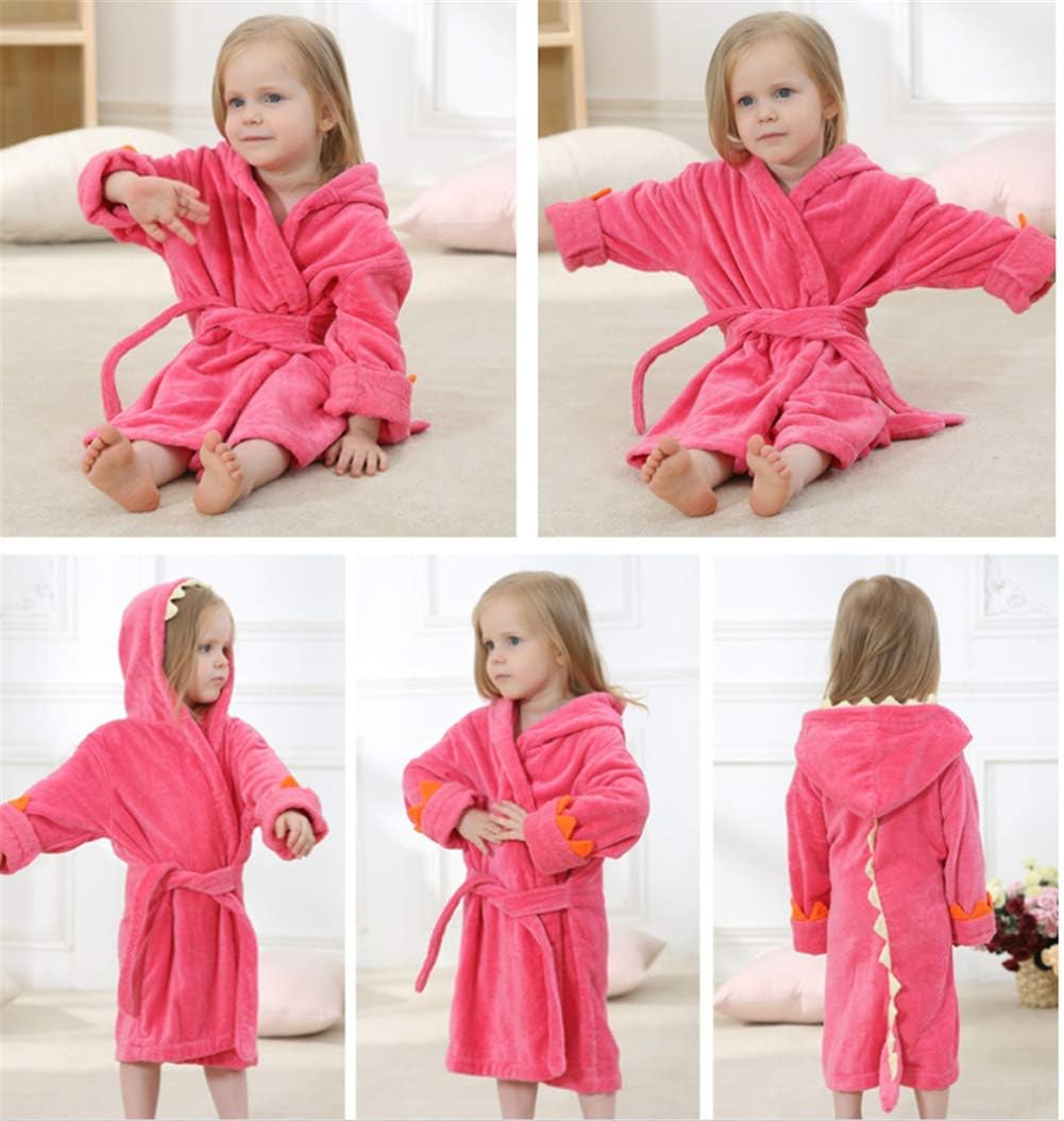 BAOPTEIL Toddler Cotton Bathrobe Baby Boy Girl Dinosaur Hooded Bath Towel Robe for Kids (Rose Red, 3-5T/(Length-23.6")): Clothing