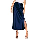 Women's Satin Midi Skirt Dressy Elastic High Waisted Silk Slip Flowy Ruffle Flared Cocktail Party Work A Line Skirts
