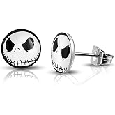 Stainless Steel Jack Skellington Round Circle Button Stud Post Earrings