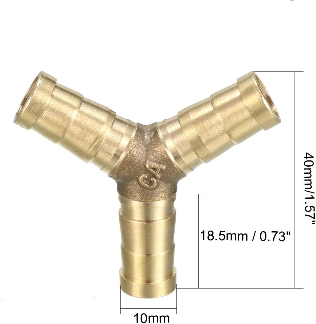 sourcing map 10mm Brass Barb Hose Fitting Tee Y-Shaped 3 Way Connector Adapter Joiner 2pcs, Gold - Image 3