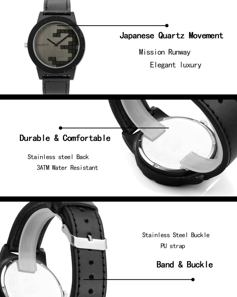 Top Plaza Men\'s 30M Waterproof Beige PU Leather Band Analog Quartz Watch, Left-Handed Crown, Cube Grains Dial