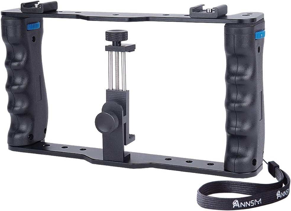 ANNSM Mobile/Smartphone Video Rig Cage with Two Cold Shoe Mounts for External Device Such as Microphone, LEDs for iPhone 11/12 Pro, Pro Max Samsung Galaxy S20 Note 20 LG V40 V30 and Sony Xperia 1, 5