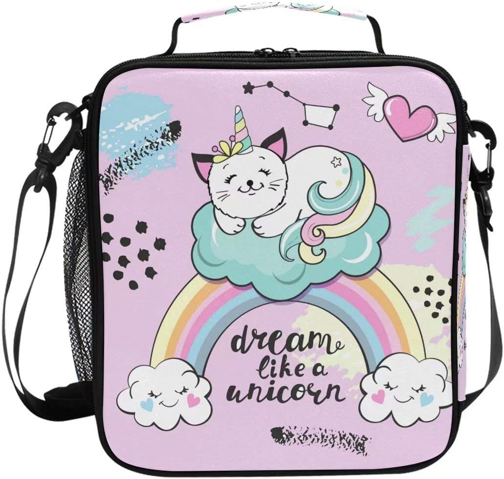 Girls Lunch Box Cat Pink Lunch Bag Cute Large Insulated Cooler Bags Meal Prep Lunch Tote Personalized Lunch bags with Shoulder Strap for Kids Girls Women