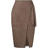 Kate Kasin 2025 Women's Suede Skirts, High Waist Bow Tie Knee Length Skirt, Stretch Bodycon Pencil Skirt with Slit