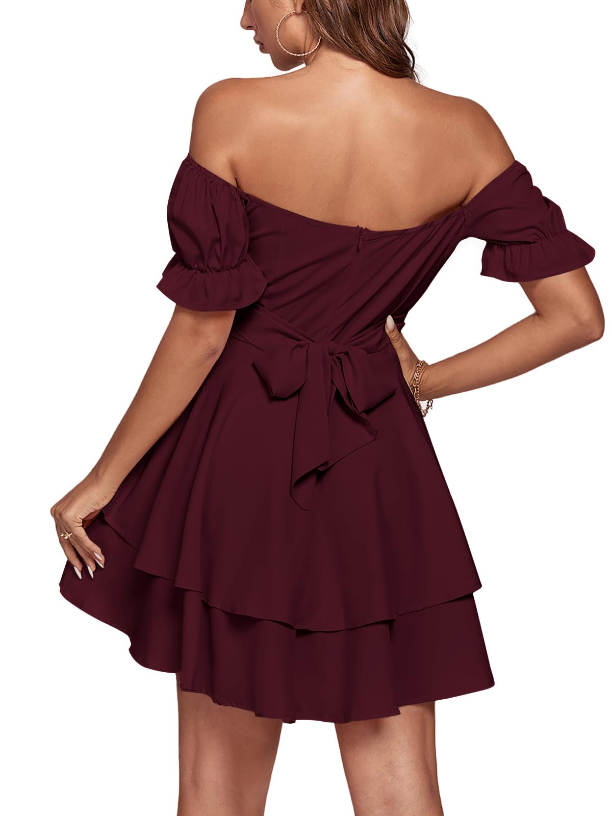 LYANER Women's Tie Back Off Shoulder Wrap Layer Ruffle Short Sleeve Mini Dress Wine Red Large - Image 2