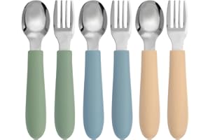 Eascrozn 6 Pack Toddler Utensils, Toddler Forks and Spoons Set, Kids Silverware with Silicone Handle, 18/8 Stainless Steel Children Safe Flatware, BPA Free, Dishwasher Safe