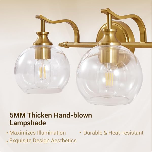 ANDY STAR GOLD BATHROOM LIGHT FIXTURES, 2-LIGHT BRASS VANITY LIGHT, MODERN SCONCES WITH GLOBE CLEAR LAMPSHADE, FARMHOUSE BATHROOM LIGHTING FIXTURES OVER MIRROR WITH METAL LAMP BODY, E26 BASE