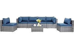 Shintenchi 7 Pieces Outdoor Patio Sectional Sofa Couch, Silver Gray PE Wicker Furniture Conversation Sets with Washable Cushions & Glass Coffee Table for Garden, Poolside, Backyard (Aegean Blue)