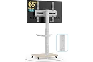AX WABER Mobile TV Stand with Power Outlets&Shelf, Floor Portable TV Stand with Wheels for 27-65Inch LCD LED OLED Flat/Curved Panel Screen, Swivel,Height Adjustable&Wood Base, RollingTV Cart White