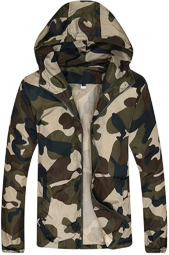 Men Camouflage Lightweight Windbreaker Hooded Windproof Zip Front