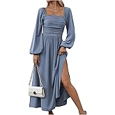 Floerns Women's Square Neck Lantern Long Sleeve Dress Split Ruched Party Midi Dresses