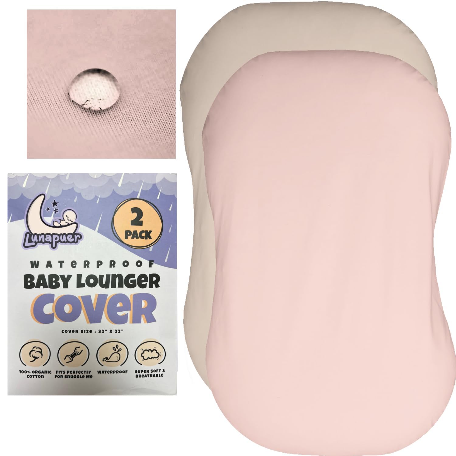 View 1 of 100% Waterproof Baby Lounger Cover - 2-Ply Organic Cotton Slipcovers Keep Your Lounger Clean & Your Baby Comfy - Machine Washable - (Lounger Not Included) - 2-Pack Includes Cream & Peach