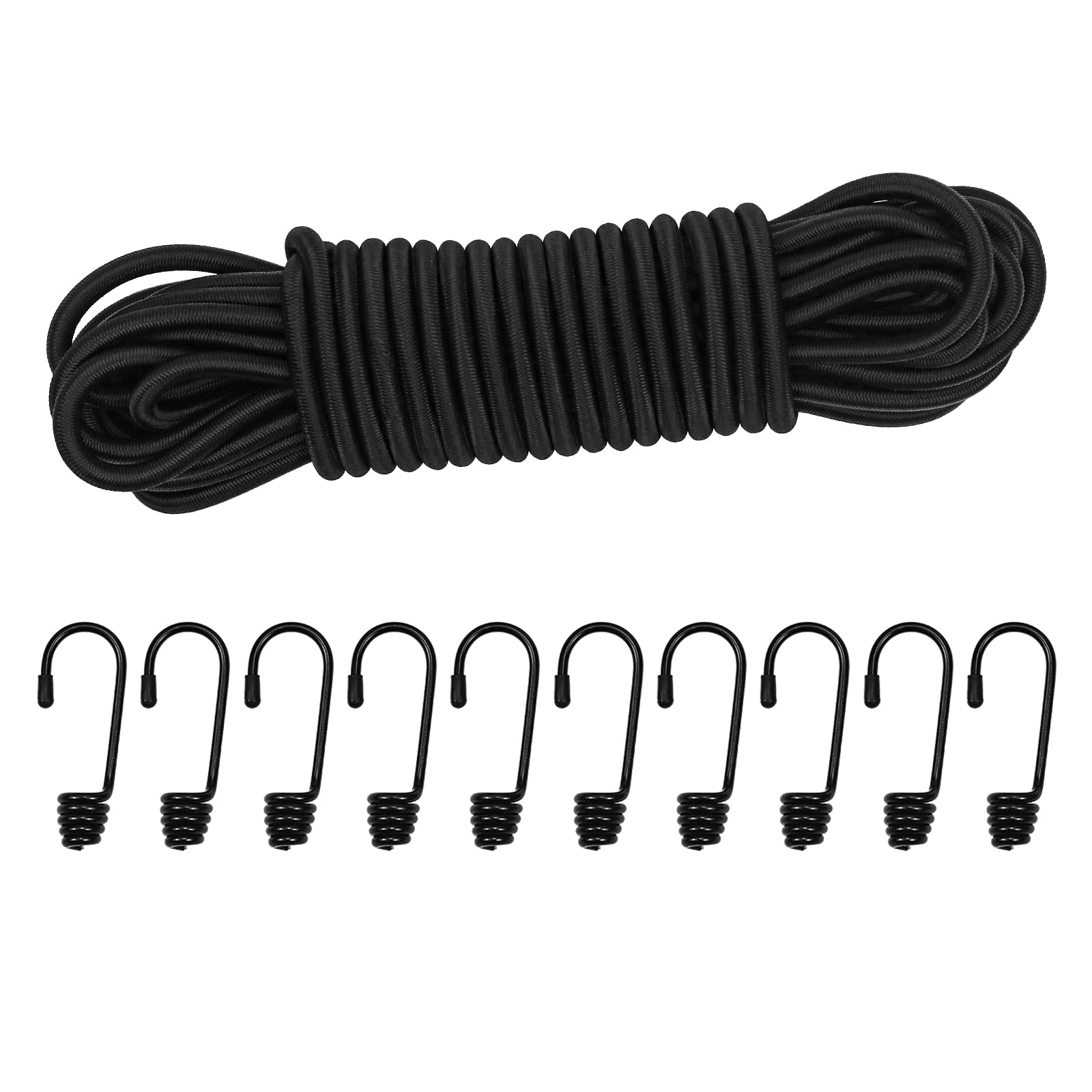 Dondeen Elastic Cord,Shock Cord Heavy Duty Elasticated Shock Cord Black Bungee Cords with Hooks and Spring Cord Lock for Caravan Cargo Craft Rack (6mm x 10M, Black) — image 1