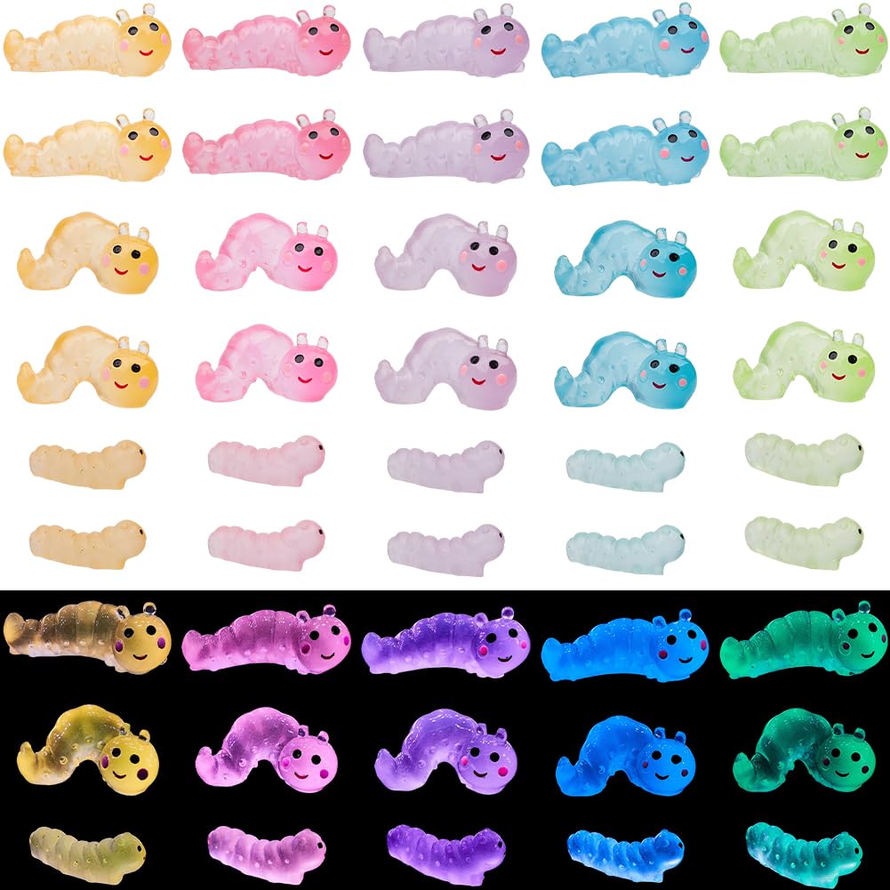 SOFPLATE 45Pcs 15 Styles Mini Caterpillars Luminous Small Animal Figurines Resin Bulk Glow in the Dark Cartoon Insect Worm Caterpillars Ornament for Micro Landscape Dollhouse Garden DIY Decorations
