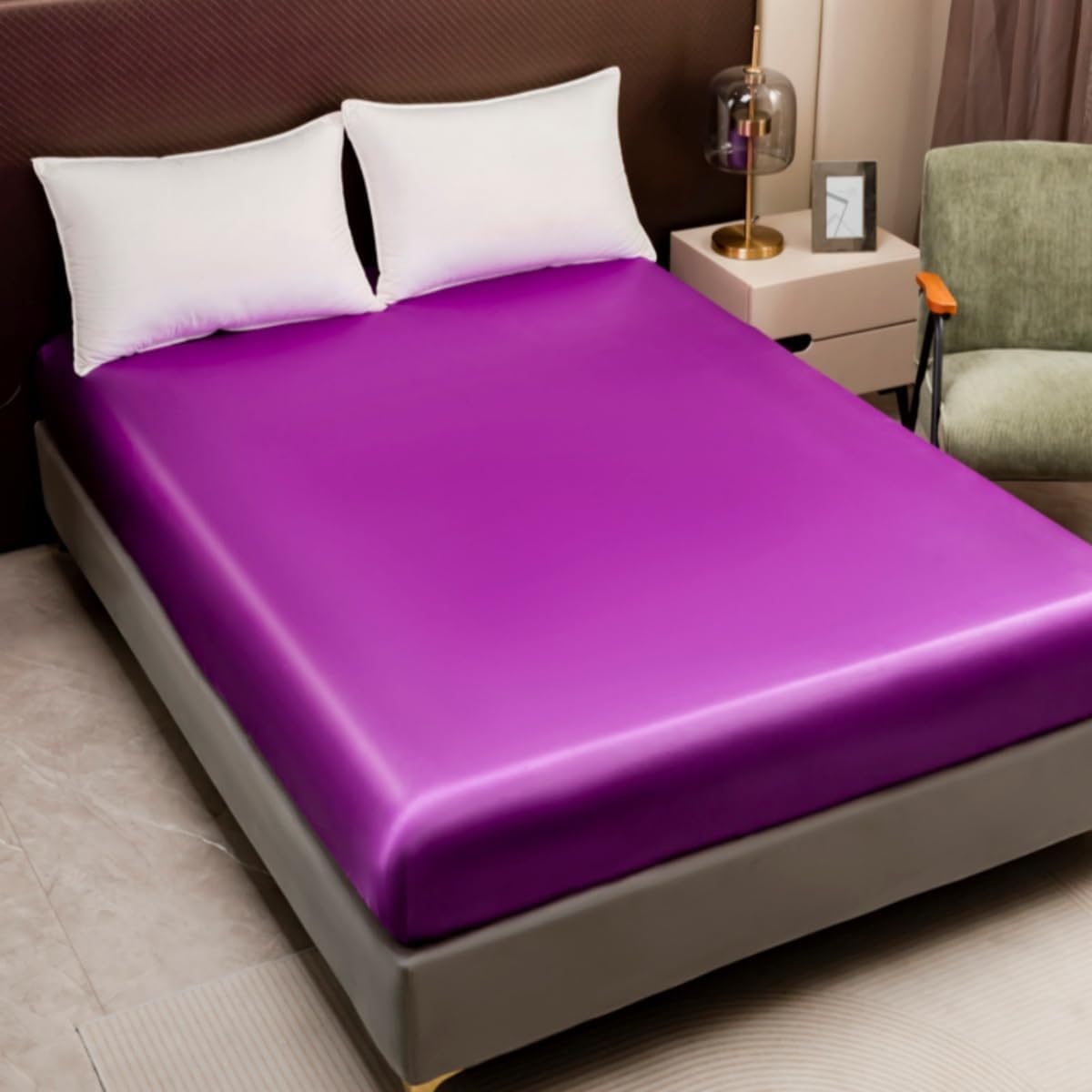 Silky Satin Fitted Sheet Only Classic Luxury Silky Soft Bed Sheets Solid Color (Lavendar, Super King(180x200+30))