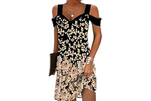 FULLVEB Summer Casual Cold Shoulder Dresses for Women 2024 Trendy Boho Ethnic Floral Tribal Marble Print V Neck Mini Dress