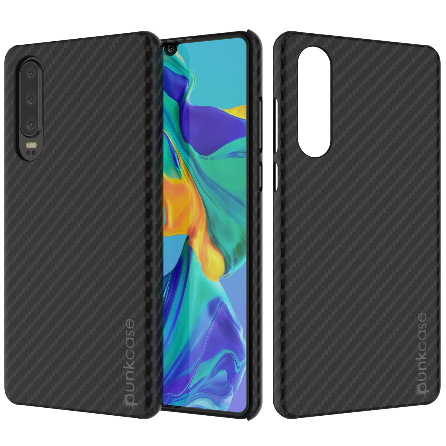 PunkCase P30 Case [CarbonShield Series] Protective & Ultra Thin 2 Piece Dual Layer PU Leather Cover [Shockproof] W/PUNKSHIELD Screen Protector Compatible with Huawei P30 [Jet Black]