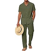 UOUA Mens 2 Piece Outfit Summer Beach Button Down Shirt Casual Loose Pant Sets