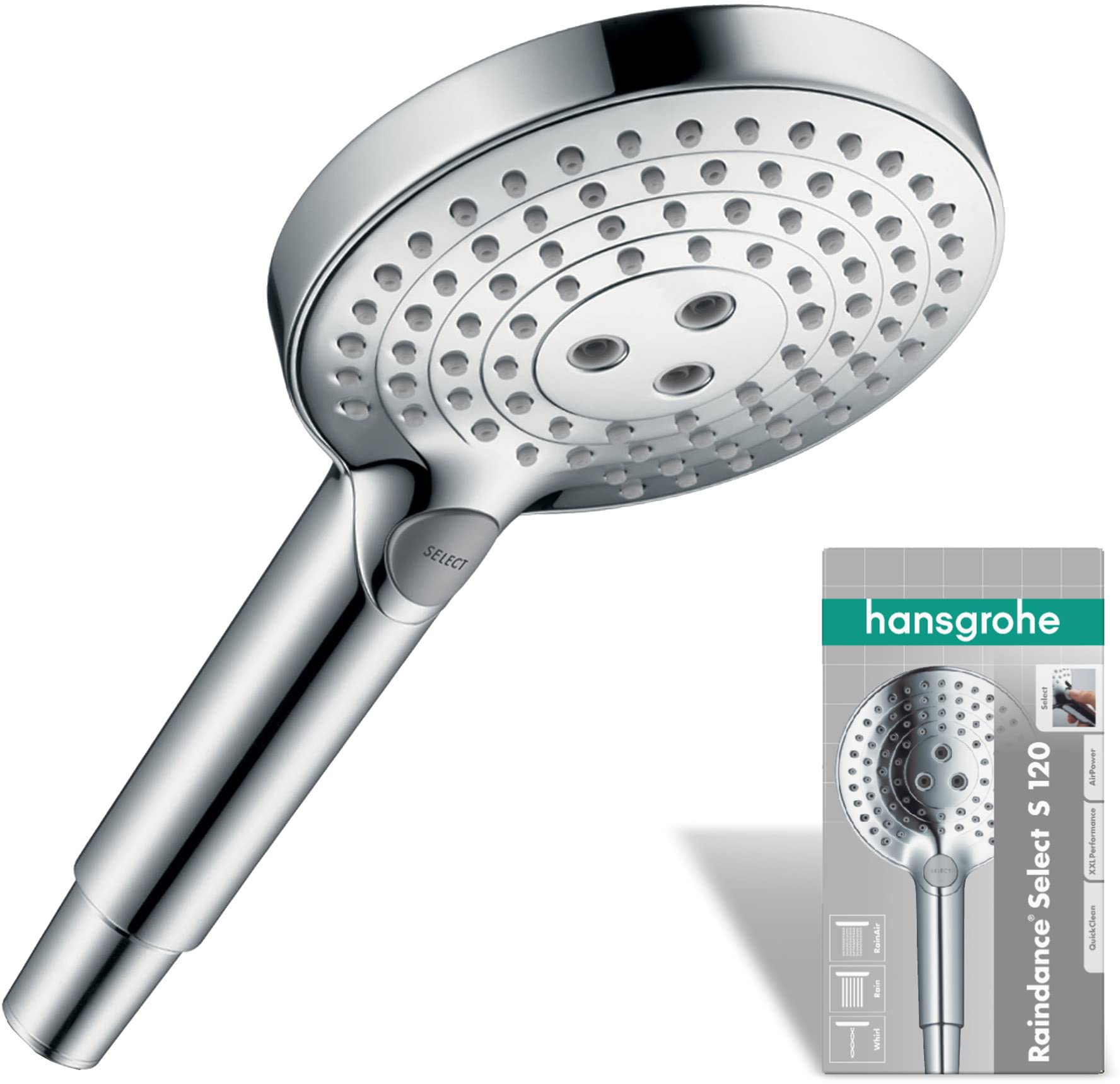 hansgrohe Raindance Select S - shower head, hand shower round (⌀ 120 mm) with 3 sprays, with anti-limescale function, chrome, 26530000 — image 1