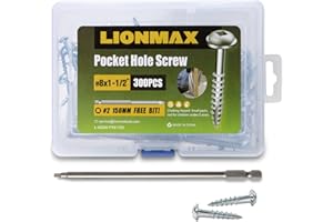 #8 x 1-1/2" Pocket Hole Screws, LIONMAX Wood Screws 300PCS Square Drive, Washer Head Screws with Coarse Thread, Self Tapping, Zinc Plated, 150MM Drive Bit Included