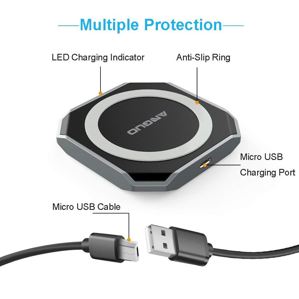 Anguo Wireless Charger, Qi Certified Fast Wireless Charger Charging Pad for iPhone X / 8/8 Plus, Samsung Galaxy S9, S9 Plus and All Qi-Enabled Device（NO AC Adapter）