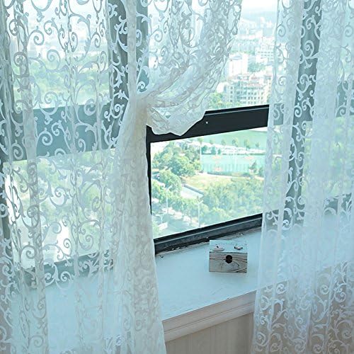 12M Printing Modern Style Floral Tulle Voile Door Window Curtain(280 100 cmWhite)